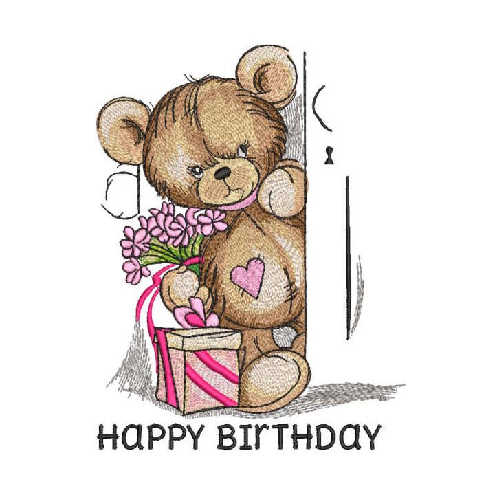 Teddy bear with gift opens door embroidery design - Embroidery Design