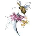 Bee flitting over flower embroidery design preview. Digital stitch file for vibrant needle art.