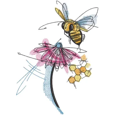 Bee flitting over flower embroidery design preview. Digital stitch file for vibrant needle art.