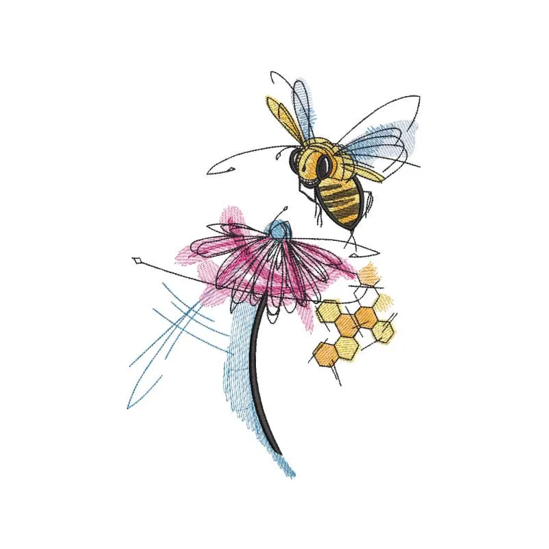 Bee flitting over flower embroidery design preview. Digital stitch file for vibrant needle art.