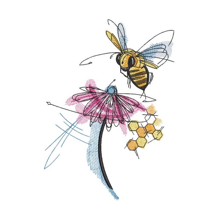 Bee flitting over flower embroidery design - Embroidery Design