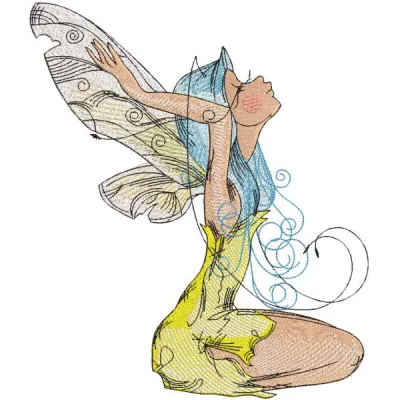Fairy charming beauty embroidery design preview showcasing intricate details and vibrant colors.