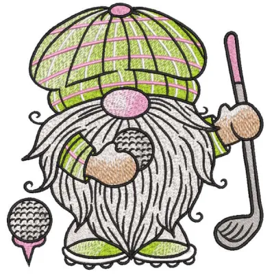 Dwarf golfer embroidery design preview showcasing intricate details of the gnome pattern for machine embroidery.