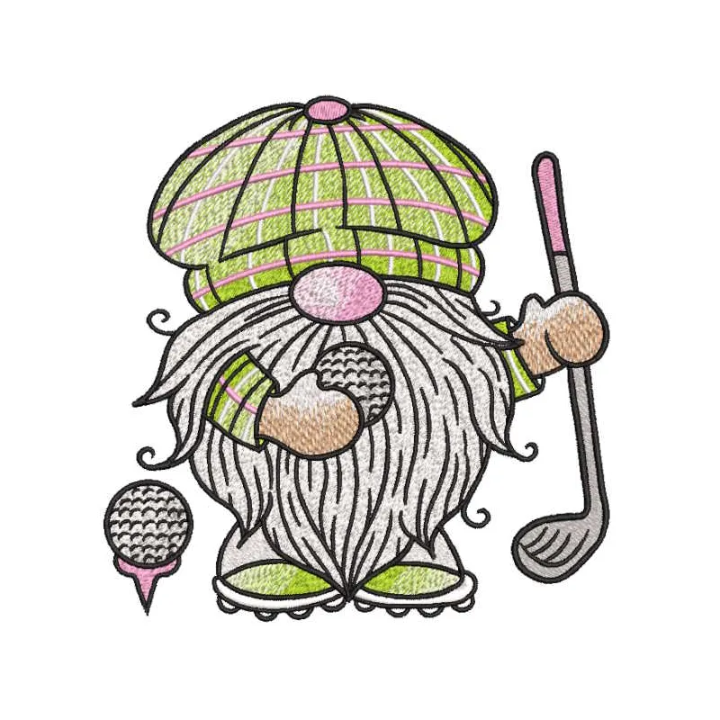 Dwarf golfer embroidery design preview showcasing intricate details of the gnome pattern for machine embroidery.