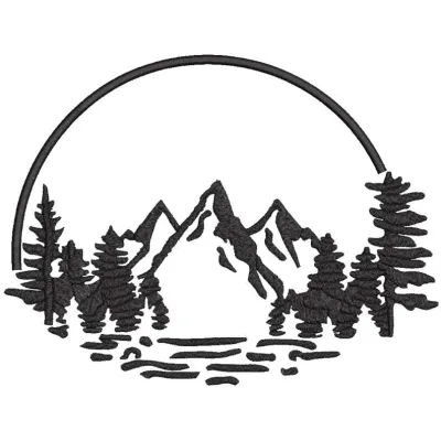 Landscape trees and mountain embroidery design preview showcasing detailed stitching and vibrant colors.