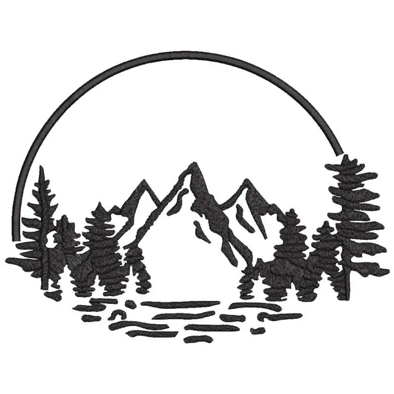 Landscape trees and mountain embroidery design preview showcasing detailed stitching and vibrant colors.