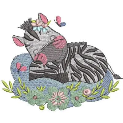 Zebra sleeping in meadow embroidery design preview. Filename hint: zebra sleeping in meadow embroidery design.