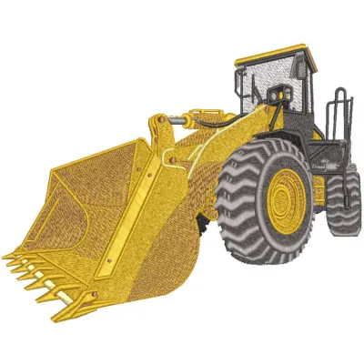 Yellow front loader embroidery design preview showcasing intricate details and vibrant colors.