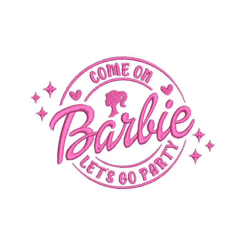 Barbie let's go party embroidery design preview showcasing vibrant colors and detailed stitching for your projects.