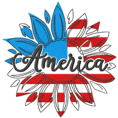 America sunflower embroidery design preview showcasing vibrant colors and detailed stitching.