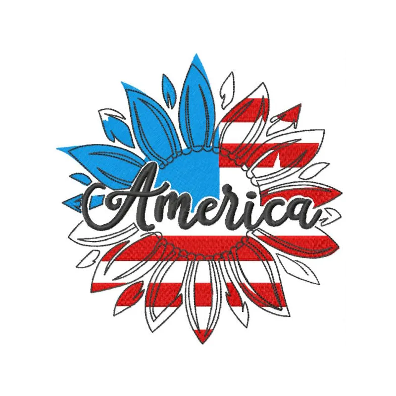 America sunflower embroidery design preview showcasing vibrant colors and detailed stitching.