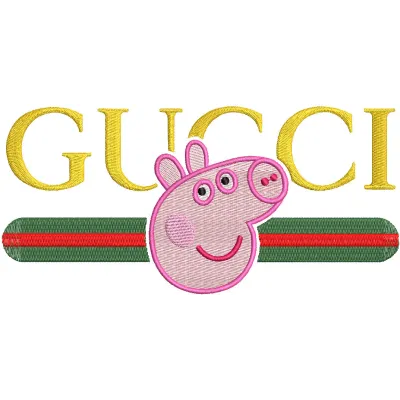 Pig Gucci embroidery design preview showcasing vibrant colors and detailed stitching. Filename: pig gucci embroidery design.