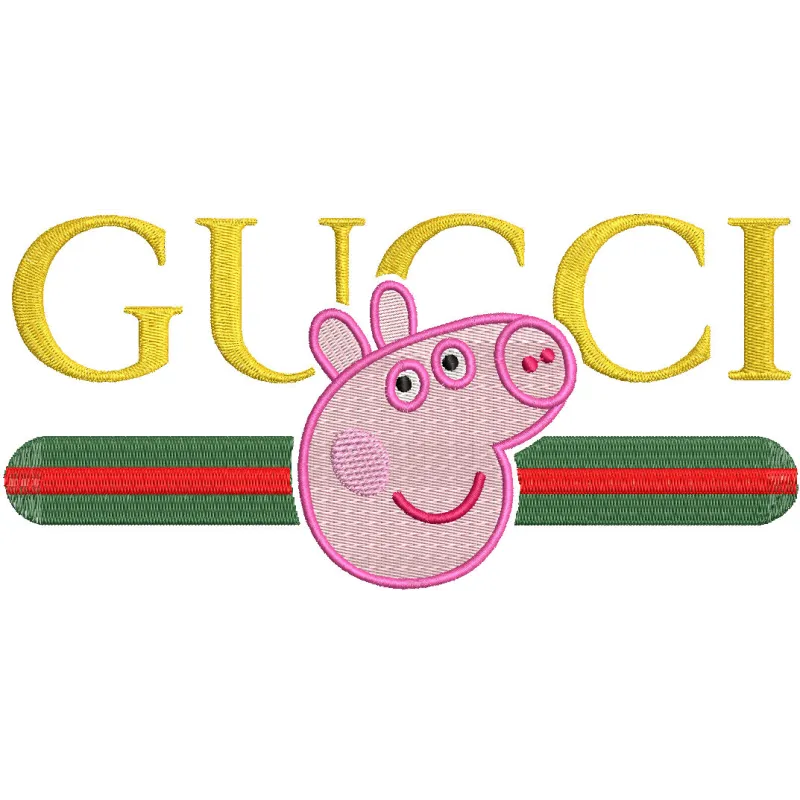 Pig Gucci embroidery design preview showcasing vibrant colors and detailed stitching. Filename: pig gucci embroidery design.