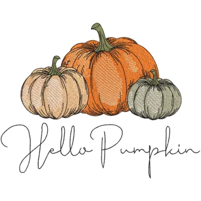 Hello pumpkin embroidery design preview showcasing vibrant colors and detailed stitching for autumn projects.