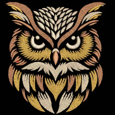 Majestic owl embroidery design preview showcasing detailed stitching and vibrant colors.