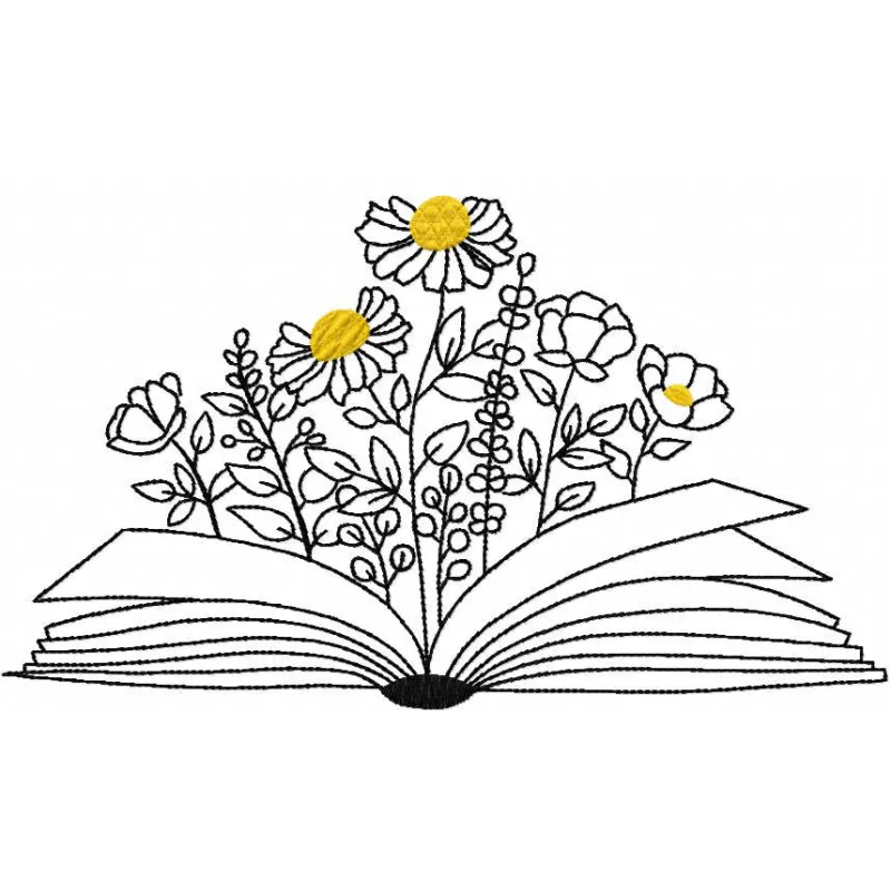 Floral book embroidery design preview showcasing intricate details and vibrant colors for machine embroidery.