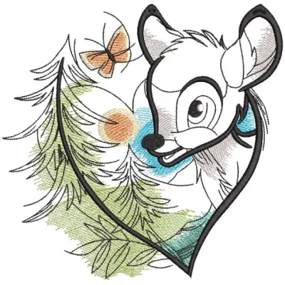 Bambi forest heart embroidery design preview showcasing intricate details and vibrant colors.