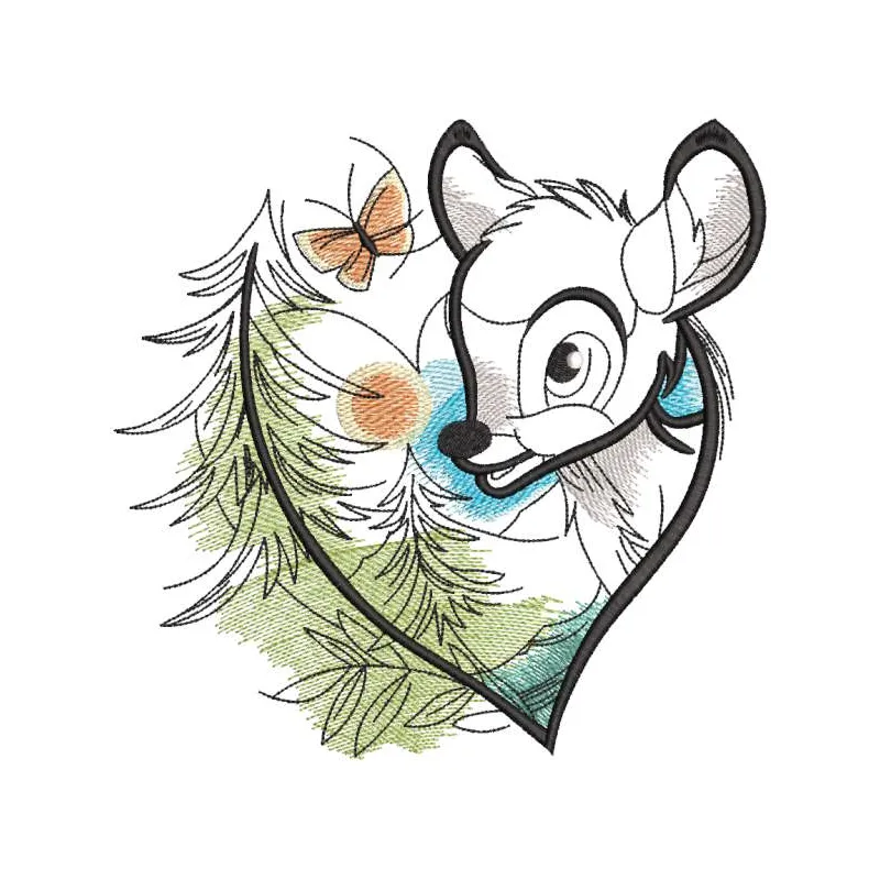 Bambi forest heart embroidery design preview showcasing intricate details and vibrant colors.