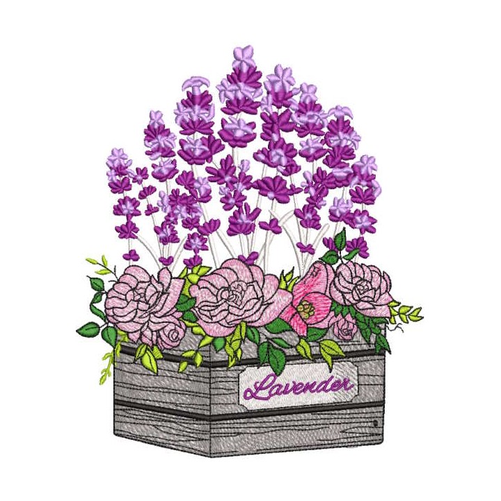 Wooden Box with roses and lavender embroidery design - Embroidery Design