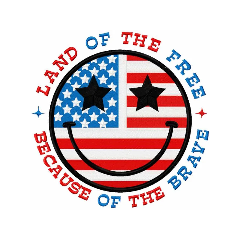 Land of the free smile embroidery design preview showcasing vibrant colors and detailed stitching.