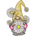 Gnome beekeeper with daisies embroidery design preview, showcasing detailed stitching and vibrant colors.