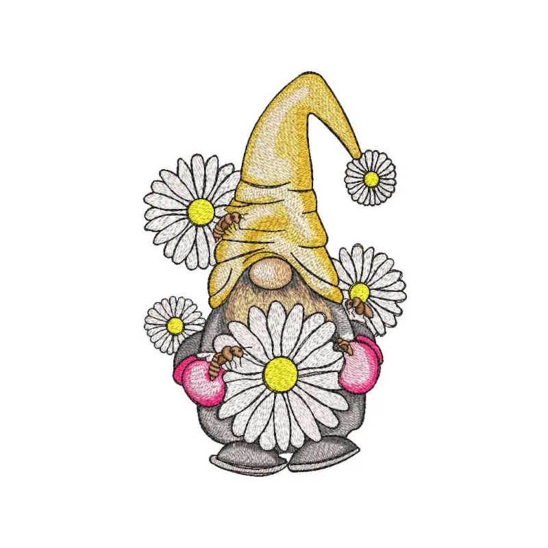 Gnome beekeeper with daisies embroidery design preview, showcasing detailed stitching and vibrant colors.