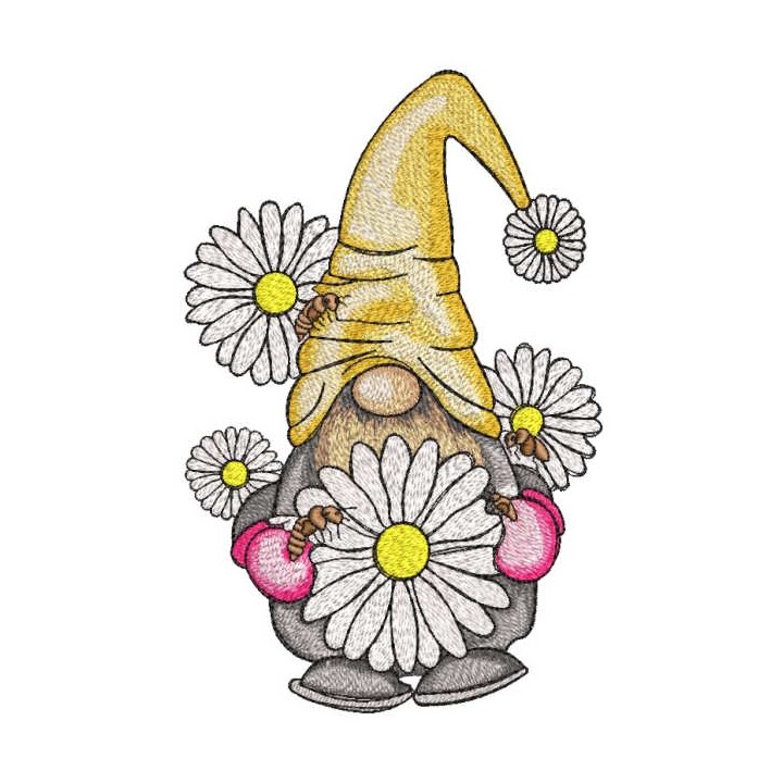 Gnome beekeeper with daisies embroidery design - Embroidery Design