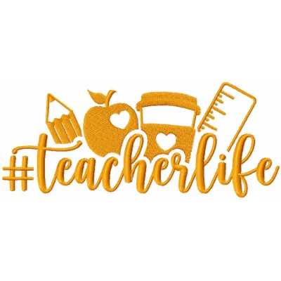 Hashtag teacherlife embroidery design preview for back to school. Filename: hashtag teacherlife embroidery design.