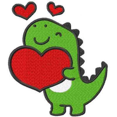 Heartfelt T-Rex Delight embroidery design preview showcasing vibrant colors and detailed stitching.