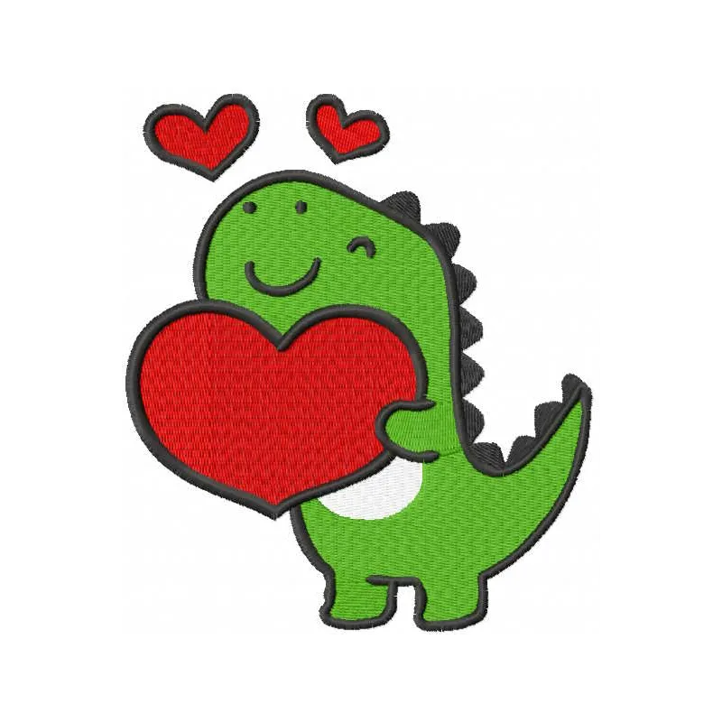 Heartfelt T-Rex Delight embroidery design preview showcasing vibrant colors and detailed stitching.
