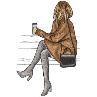 Woman on bench with glass of coffee embroidery design - Embroidery Design