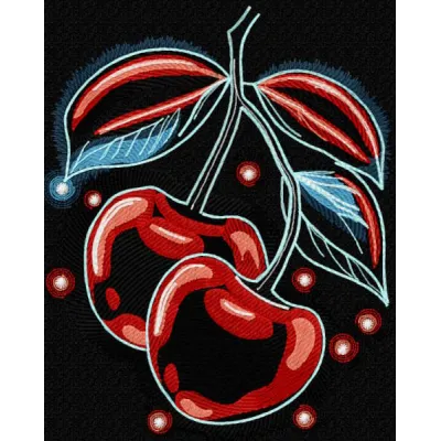 Cherries on branch embroidery design preview. Showcasing vibrant colors and detailed stitching for your projects.