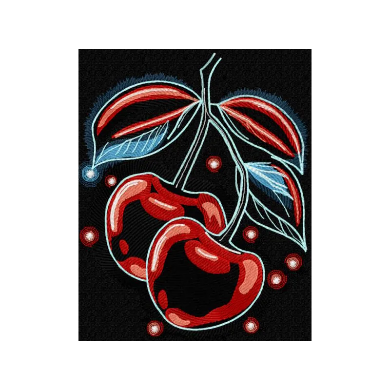 Cherries on branch embroidery design preview. Showcasing vibrant colors and detailed stitching for your projects.