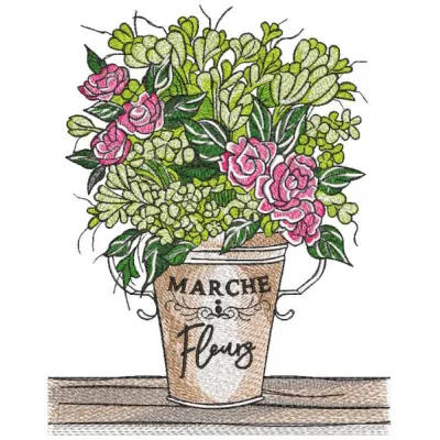Spring bouquet with roses in tin bucket embroidery design preview. Download this beautiful floral pattern.