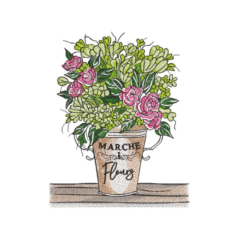 Spring bouquet with roses in tin bucket embroidery design preview. Download this beautiful floral pattern.