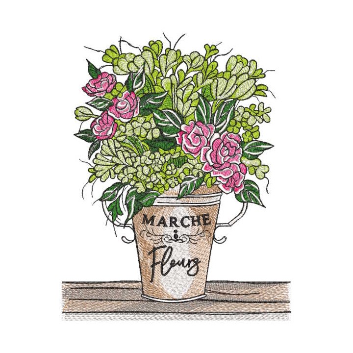 Spring bouquet with roses in tin bucket embroidery design - Embroidery Design