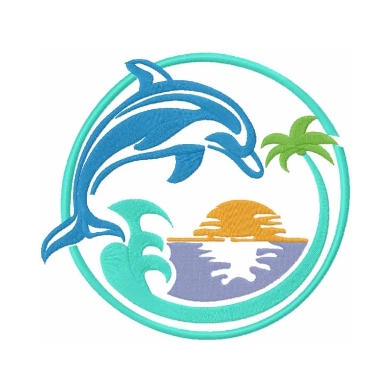 Fun jumping dolphin embroidery design preview showcasing detailed stitching and vibrant colors.