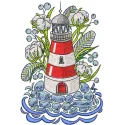 Toy lighthouse in garden embroidery design preview showcasing vibrant colors and detailed stitching.