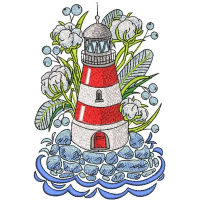 Toy lighthouse in garden embroidery design preview showcasing vibrant colors and detailed stitching.