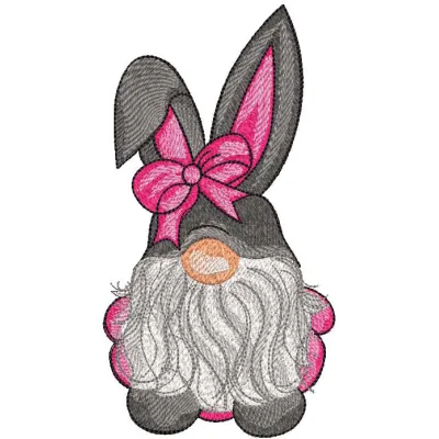 Dwarf in a hare costume embroidery design preview, showcasing intricate details and vibrant colors.