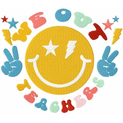 We Out Teachers embroidery design preview showcasing vibrant colors and detailed stitching for back to school projects.