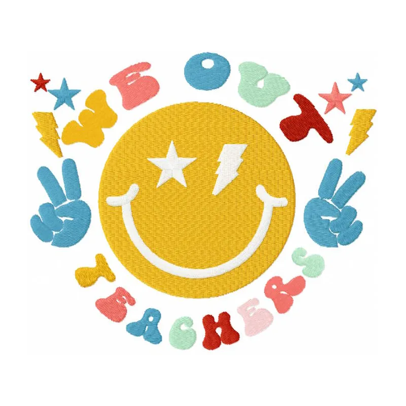 We Out Teachers embroidery design preview showcasing vibrant colors and detailed stitching for back to school projects.