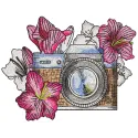 Vintage photo session in garden embroidery design preview showcasing intricate details and vibrant colors.