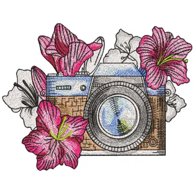 Vintage photo session in garden embroidery design preview showcasing intricate details and vibrant colors.