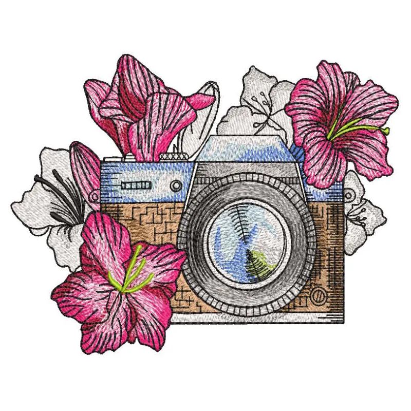 Vintage photo session in garden embroidery design preview showcasing intricate details and vibrant colors.