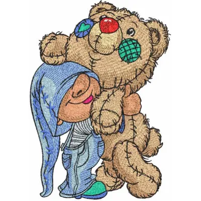 Gnome hugging big teddy bear embroidery design preview. Filename: gnome hugging big teddy bear embroidery design.