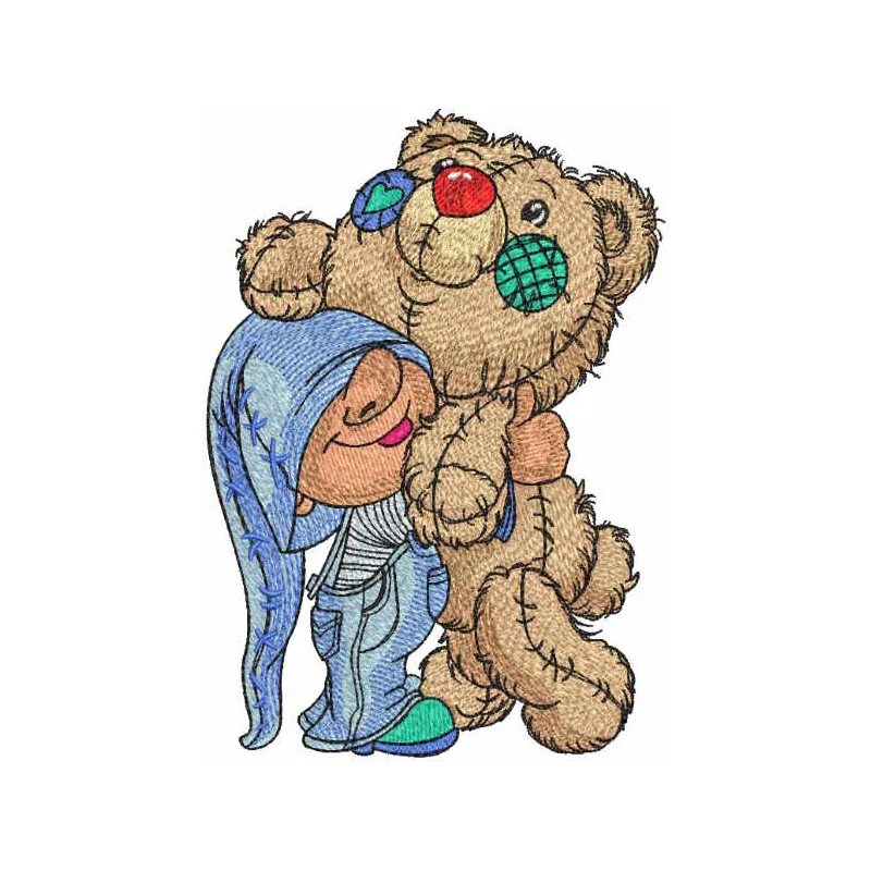 Gnome hugging big teddy bear embroidery design preview. Filename: gnome hugging big teddy bear embroidery design.