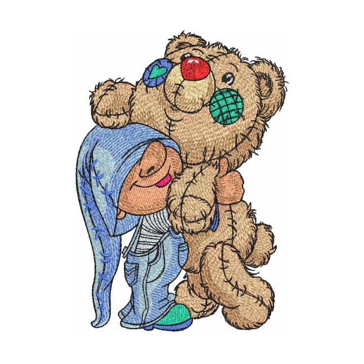 Gnome hugging big teddy bear embroidery design - Embroidery Design