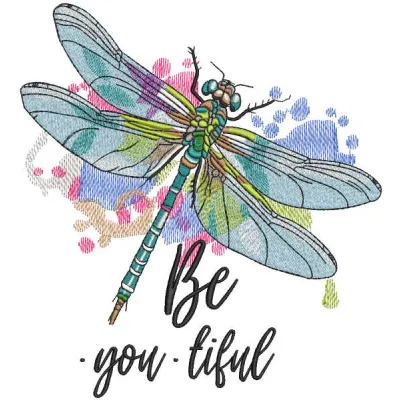 Magic rainbow dragonfly embroidery design preview. Digital file for vibrant needle art projects.