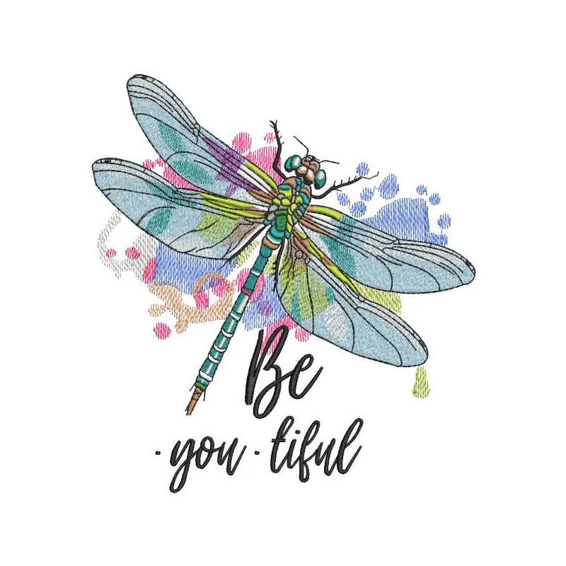 Magic rainbow dragonfly embroidery design preview. Digital file for vibrant needle art projects.